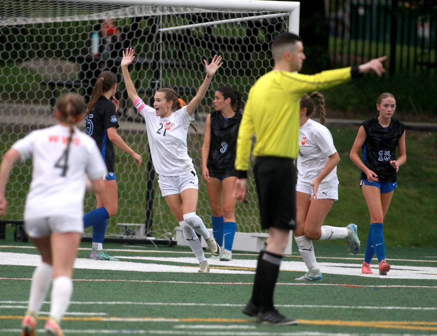 Wheaton Warrenville South's Ashlyn Adams celebrates a goal during the Class 3A Glenbard West Sectional final against St. Charles North on Friday, May 30, 2025 in Glen Ellyn.