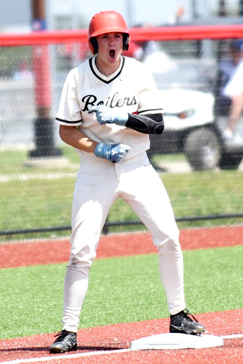 Bradley-Bourbonnais' Aiden Fitzgerald yells towards the Boilermakers dugout following his triple in the Class 4A Bradley-Bourbonnais Regional quarterfinals against Pekin Monday, May 25, 2026.