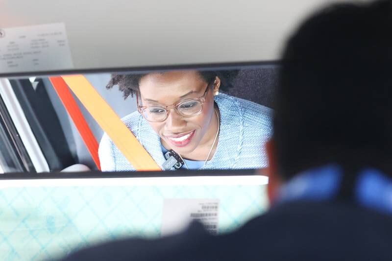 U.S. Representative Lauren Underwood, D-14, test drives an electric bus at the Lion Electric manufacturing facility on Friday, July 21st, 2023 in Joliet.