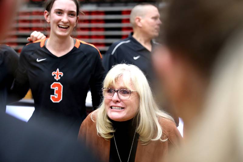 St. Charles East Head Coach Jennie Kull talks to her team following their Class 4A Proviso West Sectional final win over Willowbrook on Wednesday, Nov. 2, 2022.