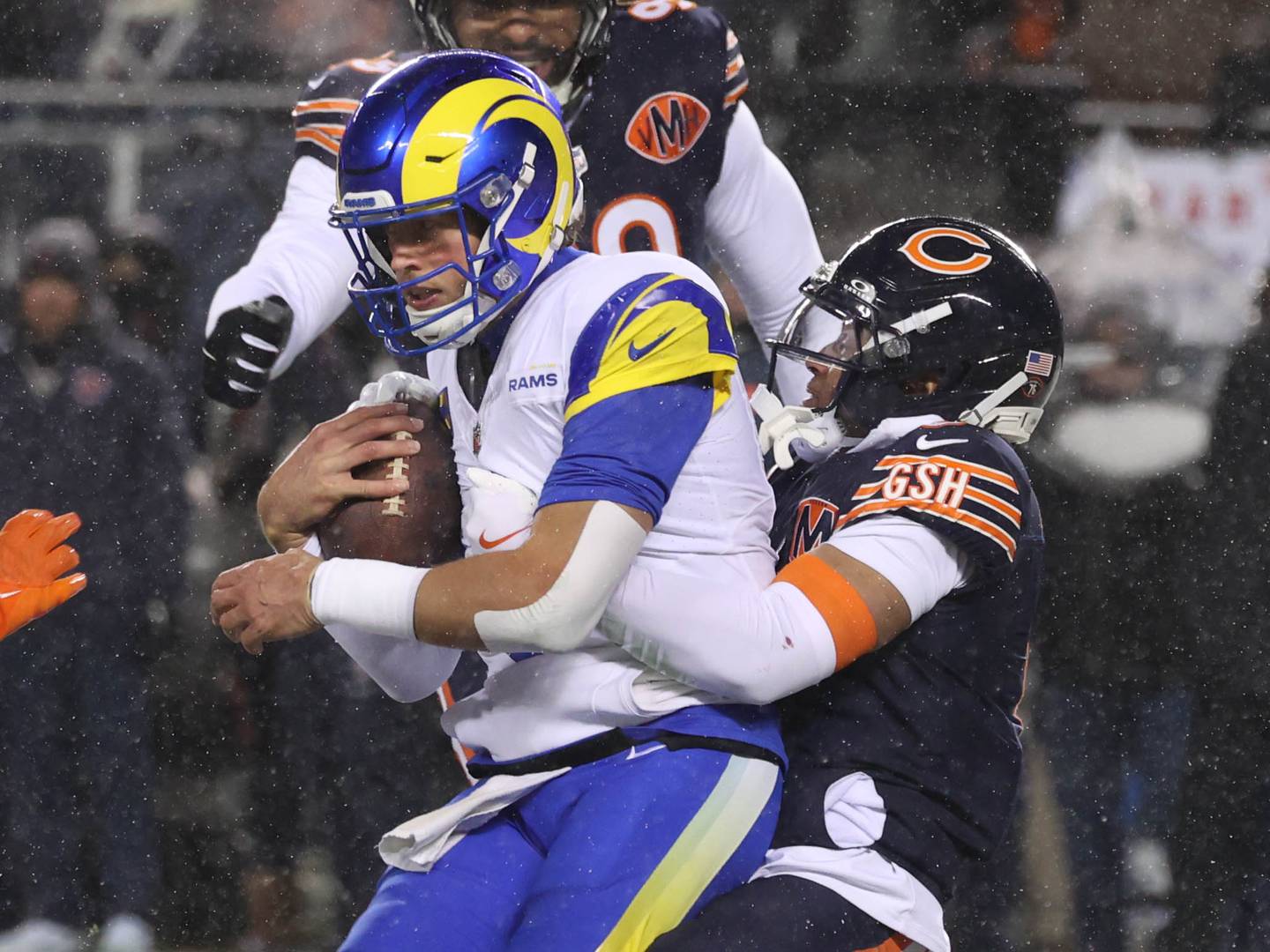 Chicago Bears cornerback Kyler Gordon sacks Los Angeles Rams quarterback Matthew Stafford Sunday, Jan. 18, 2026, during their NFC divisional playoff matchup at Soldier Field in Chicago.