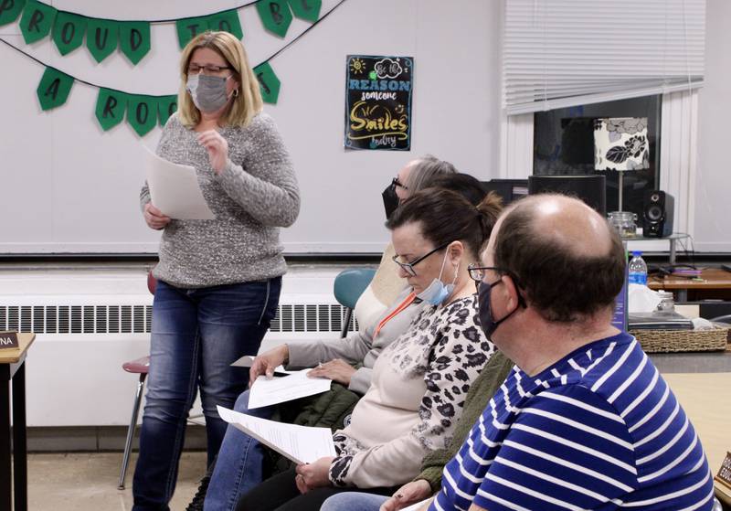 Rhonda Neal, food service supervisor for Rock Falls High School, appears with other members of the cafeteria staff on Wednesday at regular board of education meeting. Each person spoke in turn, listing requests for pay increases and additional staff.