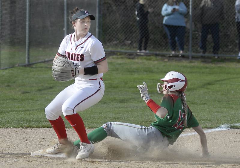 Ottawa third baseman Maura Condon (34) forced out sliding La Salle-Peru baserunner Taylor Martyn (12) in the sixth inning Monday, April 11, 2022, in Ottawa.