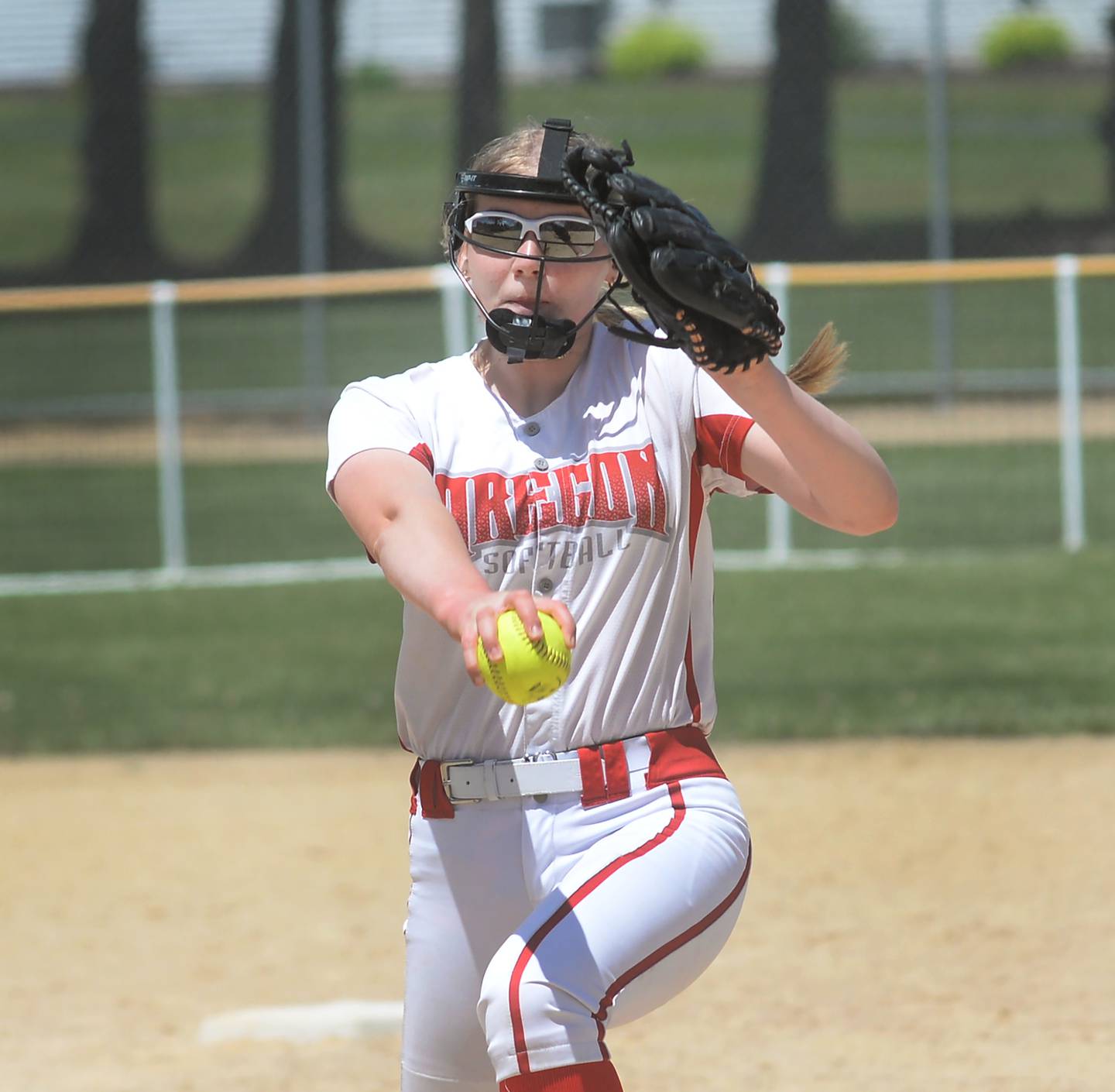 Oregon's Isabelle Berg pitches against Morrison last season at Oregon Park West. Morrison won 5-0.