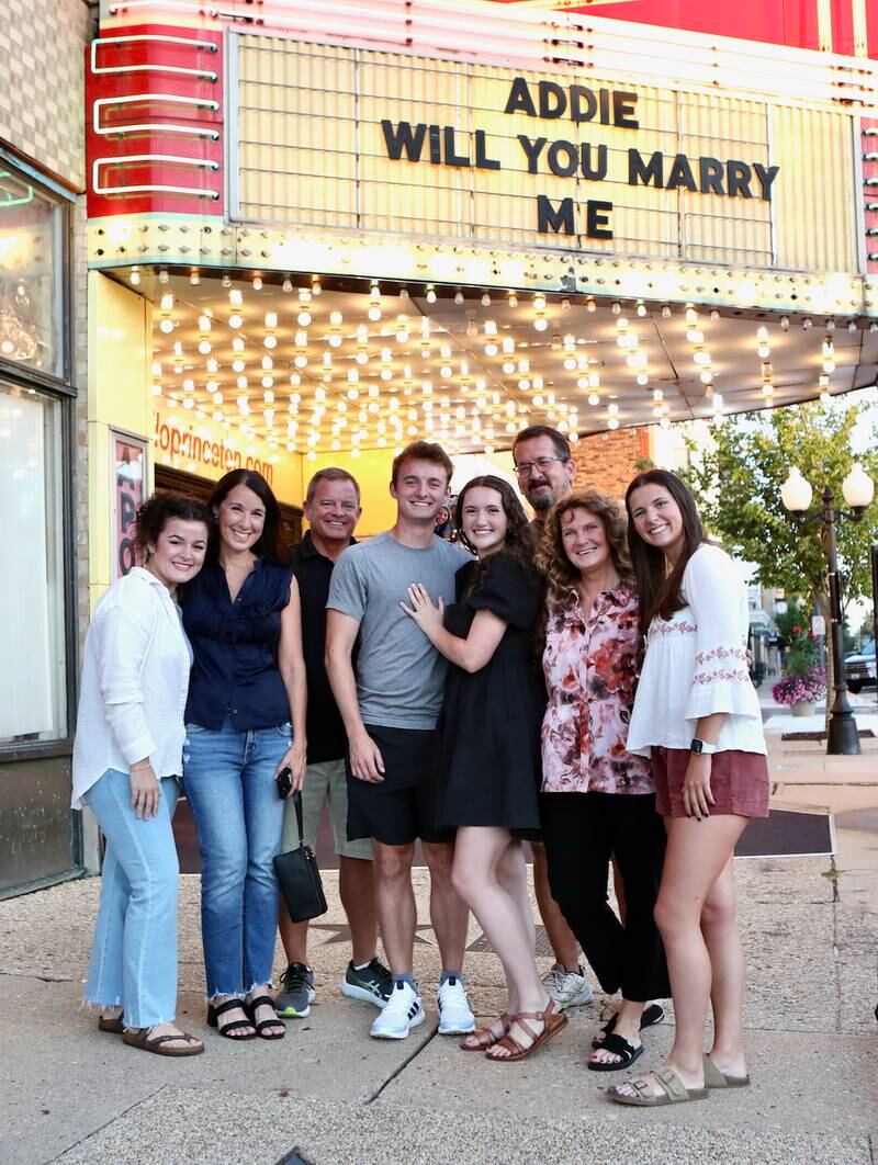 Colin Nelson was able to work with Princeton’s Apollo Theater to get the phrase “Addie will you marry me” displayed on the building’s iconic marquee in order to proposed to Addie Ewalt of Danvers.