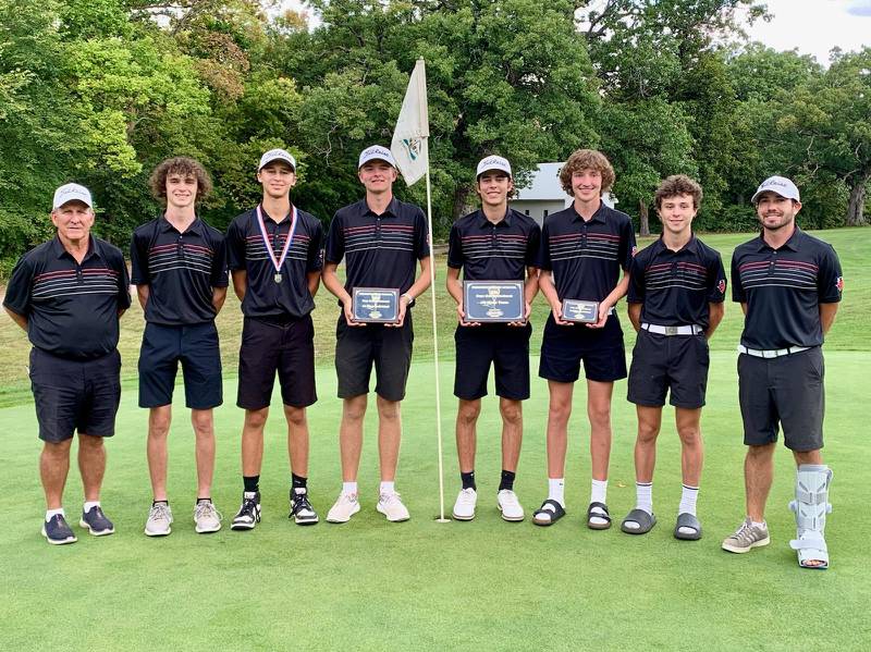 The Hall Red Devils captured Saturday's Princeton Invitational at Chapel Hill Golf Course, carding a 330, led by medalist Landen Plym (72). Team members (from left) assistant coach Steve Marini, Vance Pienta, Joe Perez, Landen Plym, Noah Plym, Jake Diaz, Johnni Escatel and head coach Mason Kimberley.