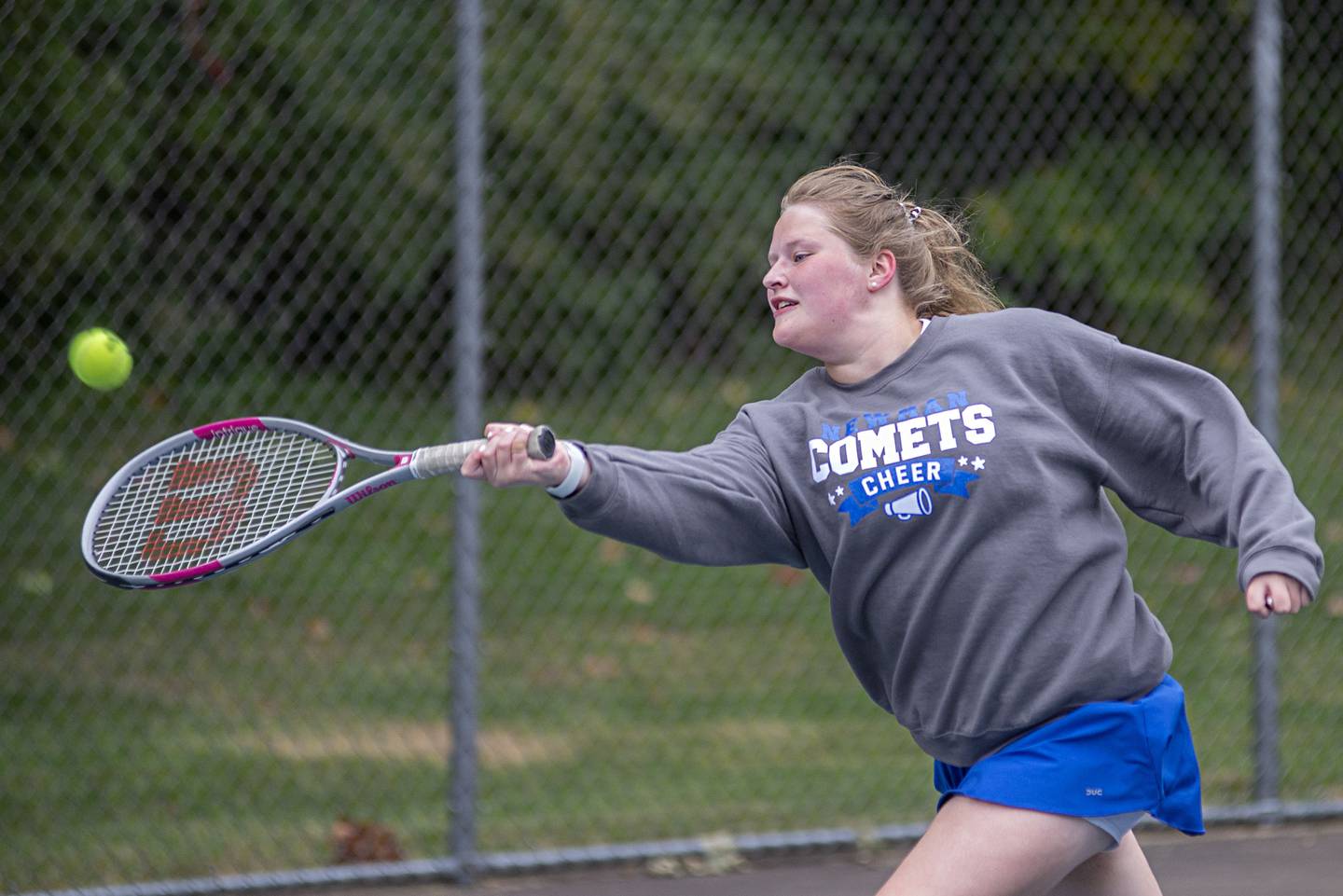 Newman’s Sarah Murray returns a shot while playing doubles against Dixon Thursday, Oct. 6, 2022.