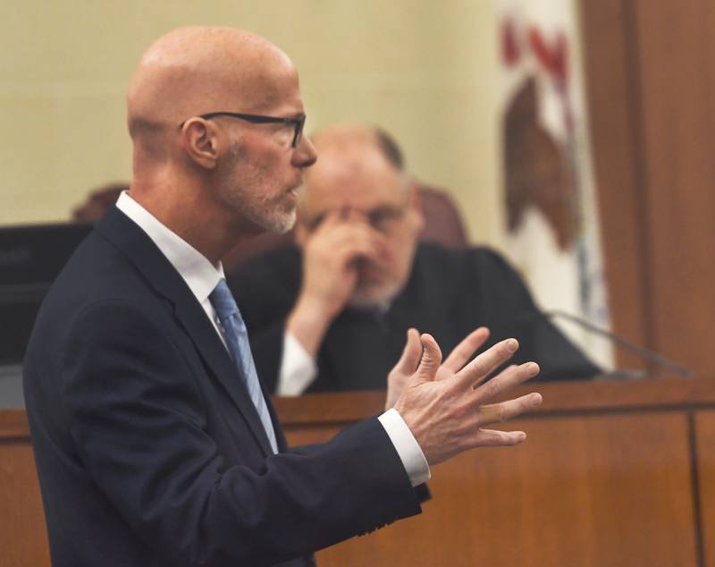 Ogle County State's Attorney Mike Rock questions a witness on Tuesday, Jan. 13, 2026 at the murder-arson trial for Duane C. Meyer. The jury trial is being held at the Ogle County Judicial Center in Oregon.