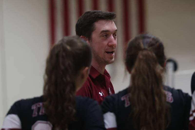 Plainfield North Matt Slechta talks to the team during a timeout against Joliet West on Wednesday, Sept. 6, 2023 in Joliet.