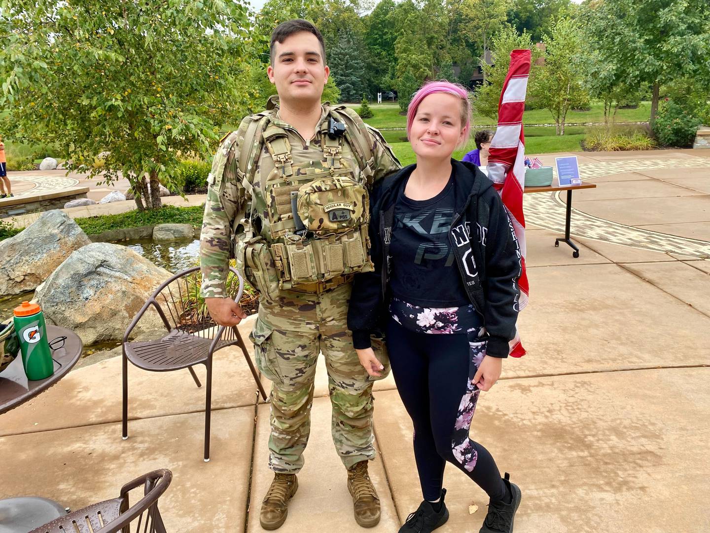 (Left) U.S. Army veteran and reserve member Stephen Cox, 24, of DeKalb, poses with his wife, Kimberly Cox, also 24 of DeKalb, during the inaugural Be the One Walk to raise awareness about veteran suicide rates in DeKalb on Sunday, Sept. 22, 2024. The event was hosted by the DeKalb American Legion Post No. 66 and Legion Auxiliary.