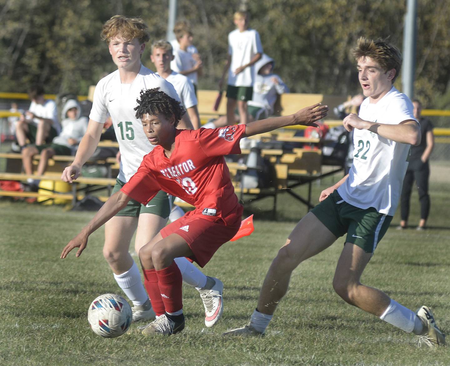 Streator’s Carlos Cueto gets ball control between Coal City’s Sam Sterba and Parker Jacovec in the first half of Tuesday's Illinois Central Eight Conference match at the James Street Recreation Center in Streator.