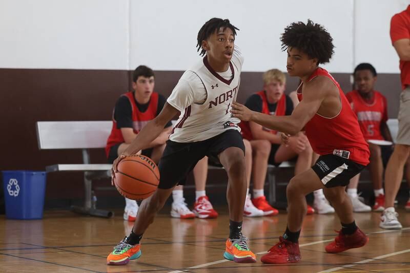 A Plainfield North player makes a move to the basket against Streator at the 37th Morris Boys Shootout on Tuesday, June 25, 2024.