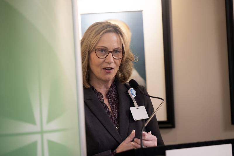 President of OSF Saint Katharine Jackie Kernan welcomes in a new hospital Tuesday, Jan. 7, 2025, during the blessing of the new OSF HealthCare Saint Katharine Medical Center.