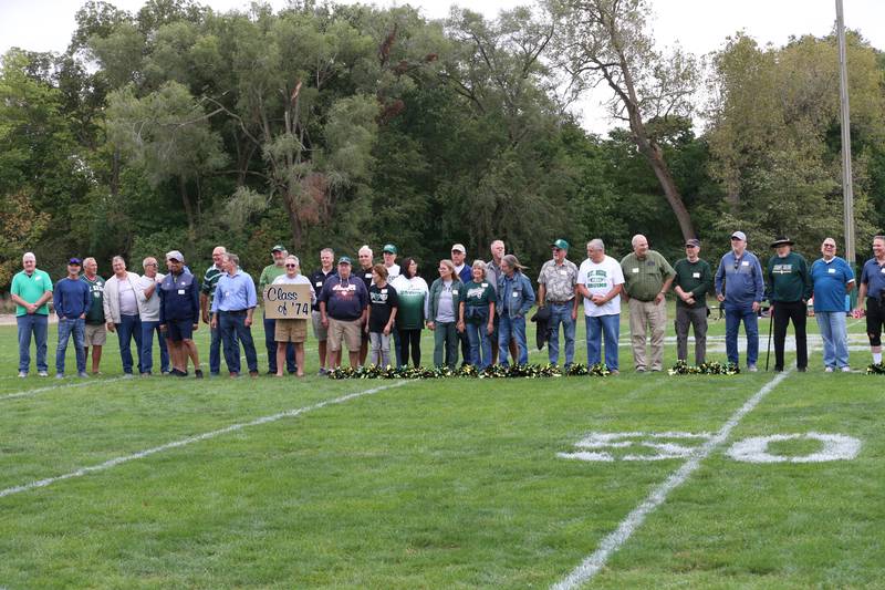 The St. Bede golden class of 1974 is recognized at halftime during the Homecoming game on Saturday, Sept. 28, 2024 at St. Bede Academy.