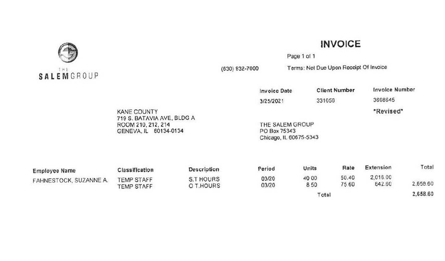 One of 11 invoices from The Salem Group showing what Suzanne Fahnestock was paid, including overtime. Salem invoices were released after a Freedom of Information Act request.