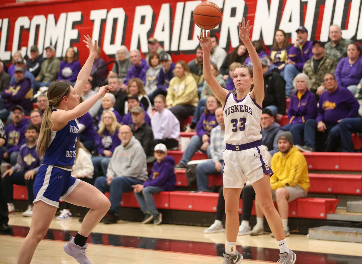 Serena's Jenna Setchell shoots a wide-open three over Hinckley-Big Rock's Payton Murphy during the Little Ten Conference championship game on Friday, Jan. 24, 2025 at Earlville High School.
