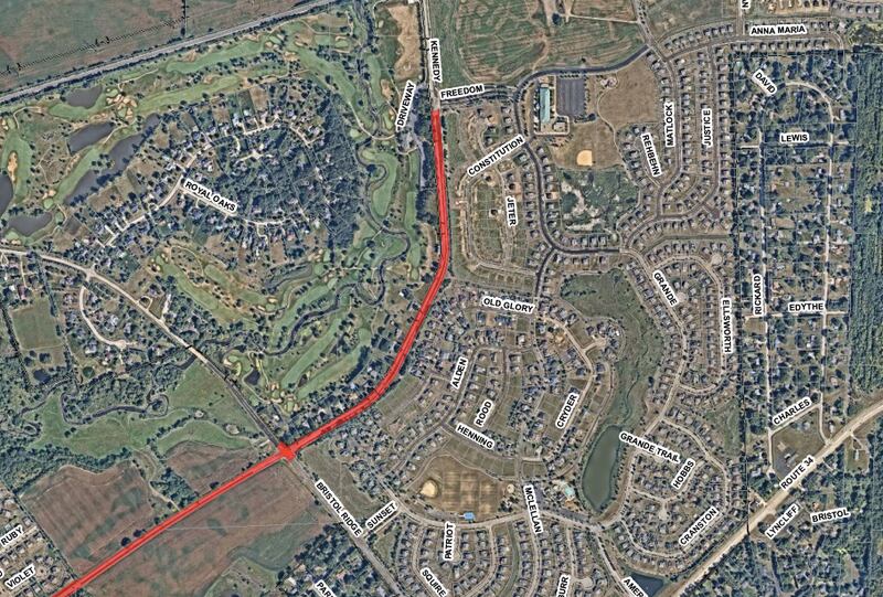 The designated route of the Kennedy Road restructuring in Yorkville, which includes widening the roadway and improving its safety.