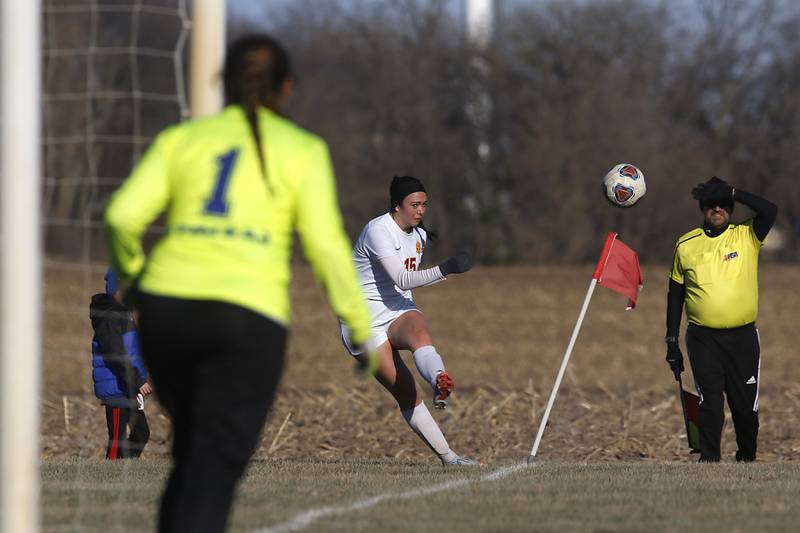 Richmond-Burton’s Brianna Maldonado takes a corner kick in front of Johnsburg’s Person during a Kishwaukee River Conference soccer game on Wednesday, March 20, 2024, at Johnsburg High School.