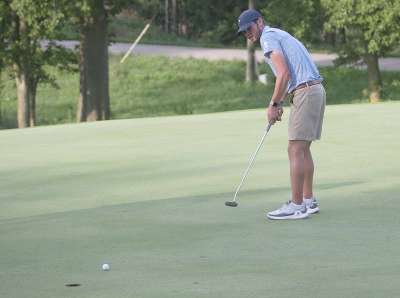 Nate Rodriguez puts during the Illinois Valley Mens Golf Championship Tournament on Sunday, July 27, 2025 at Spring Creek Golf Course in Spring Valley.