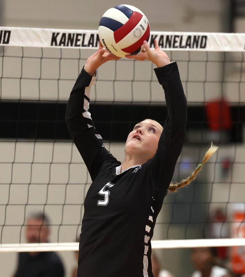 Kaneland's Abigail Carter sets the ball Thursday, Sept. 4, 2025, during their match against DeKalb at Kaneland High School in Maple Park.