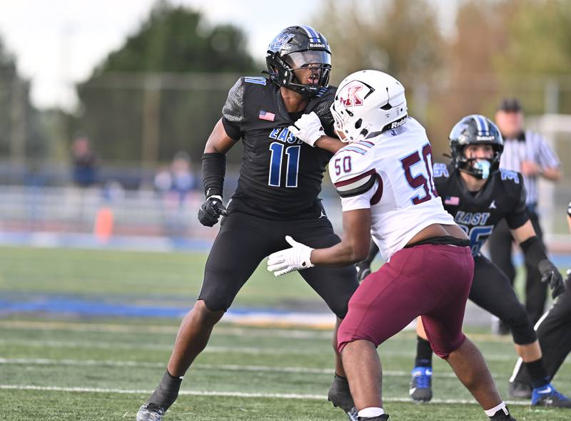 Lincoln Way East Jacob Alexander (11) in action during the non-conference game against Kankakee on Friday, Sept. 05, 2025, at Frankfort.
