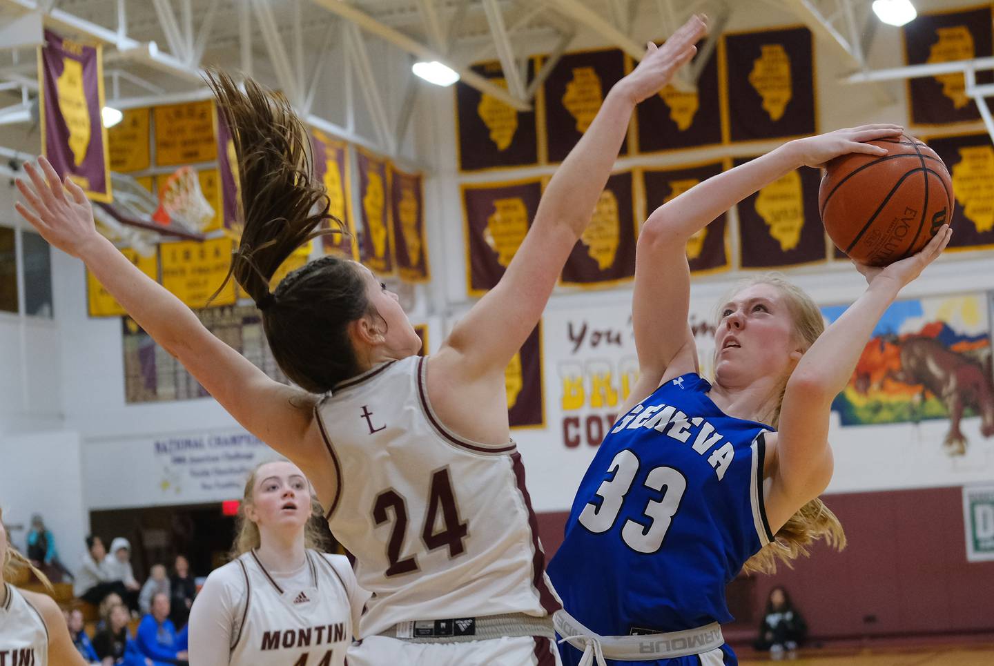 Geneva's Lauren Slagle (33) shoots as Montini's Peyton Farrell (24) defends during a Coach Kipp Hoopsfest game on Jan. 14, 2023 at Montini Catholic High School in Lombard.