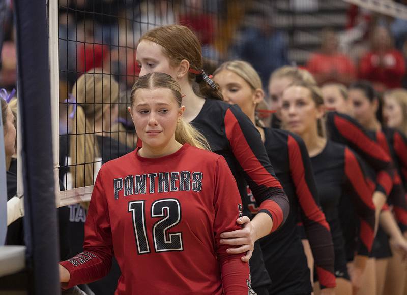 Erie-Prophetstown reacts to losing in straight sets to El Paso-Gridley Thursday, Nov. 7, 2024, during the class 2A volleyball sectional championship at Bureau Valley High School.