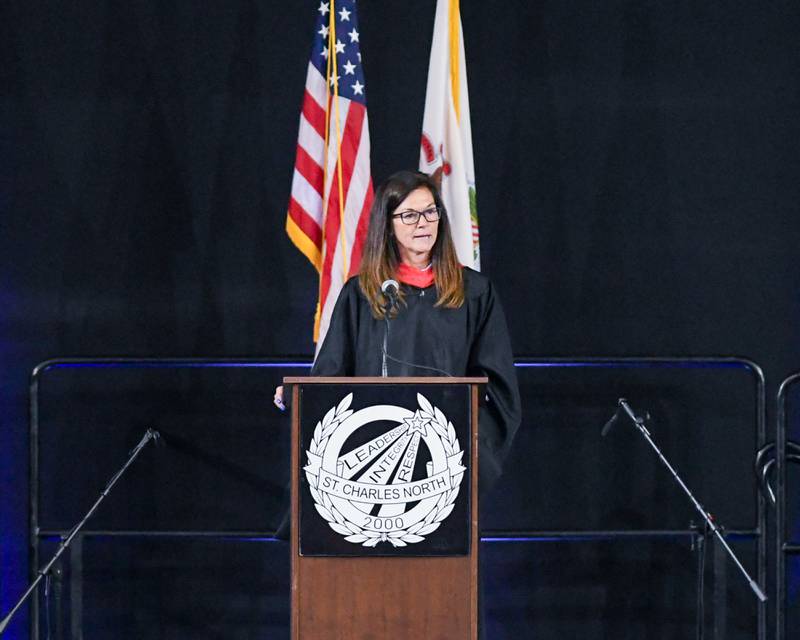 St. Charles North Principal Shanna Lewis speak during the graduation ceremony on Monday, May 18, 2026, held at the Convocation Center in DeKalb.