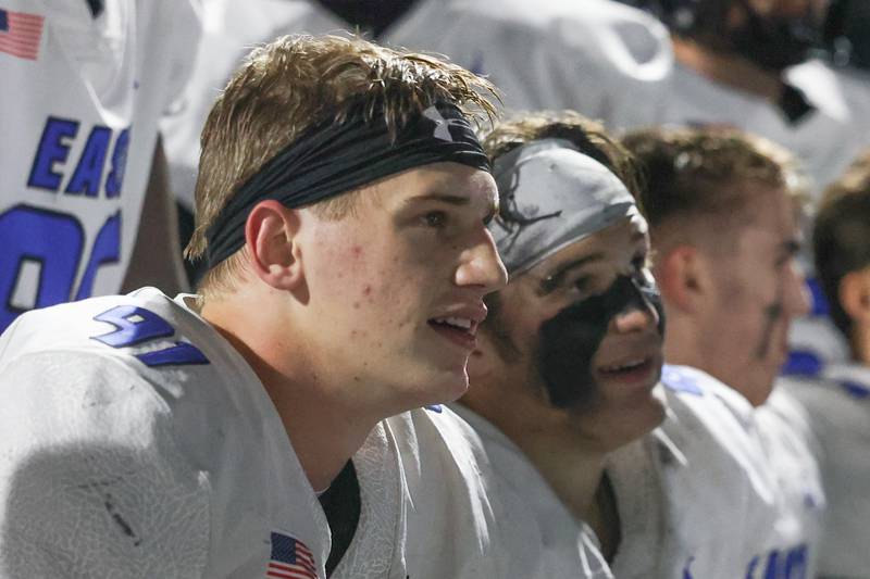 Lincoln-Way East’s Caden O’Rourke watches film between series against Minooka on Friday, Nov. 8, 2024 in Minooka.