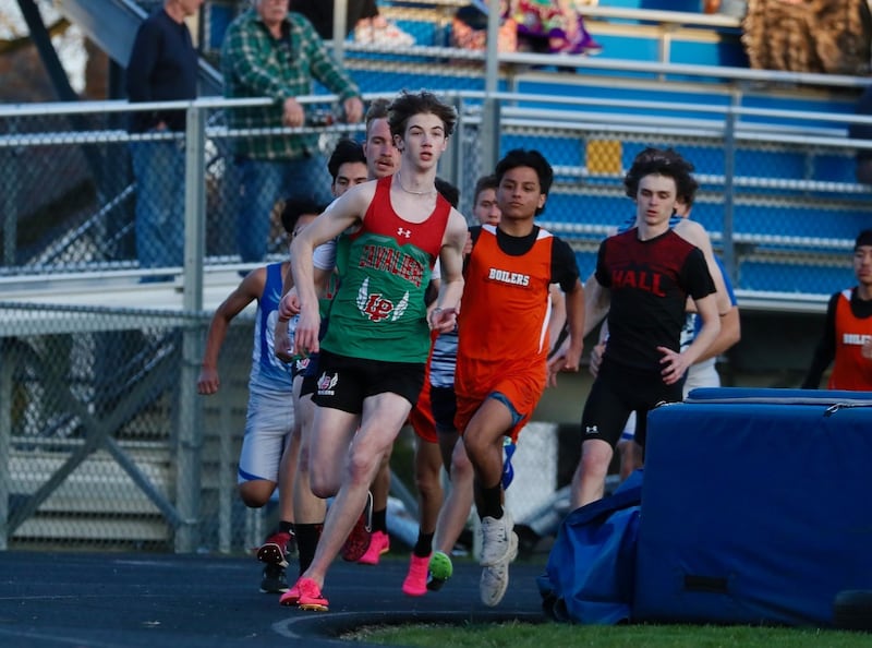 LaSalle-Peru's Griffin Hammers makes the turn in the 800 meters in Tuesday's Howard-Monier Invite at Princeton. He placed second in the 800 and fourth in the 1600 to lead the Cavs on the track.