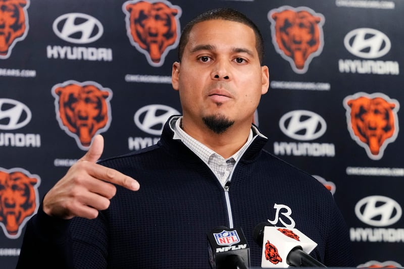 Chicago Bears General Manager Ryan Poles talks to media during an NFL football news conference at Halas Hall in Lake Forest, Ill., Tuesday, Jan. 7, 2025. (AP Photo/Nam Y. Huh)