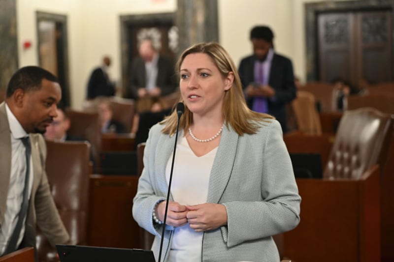 State Sen. Rachel Ventura, D-Joliet, speaking on the Illinois Senate floor.