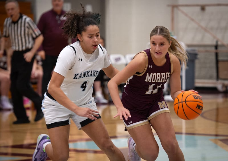 Morris's Alyssa Jepson, right, controls the ball as Kankakee's Malea Harrison, left, guards in a game on Tuesday, January 27, 2026.