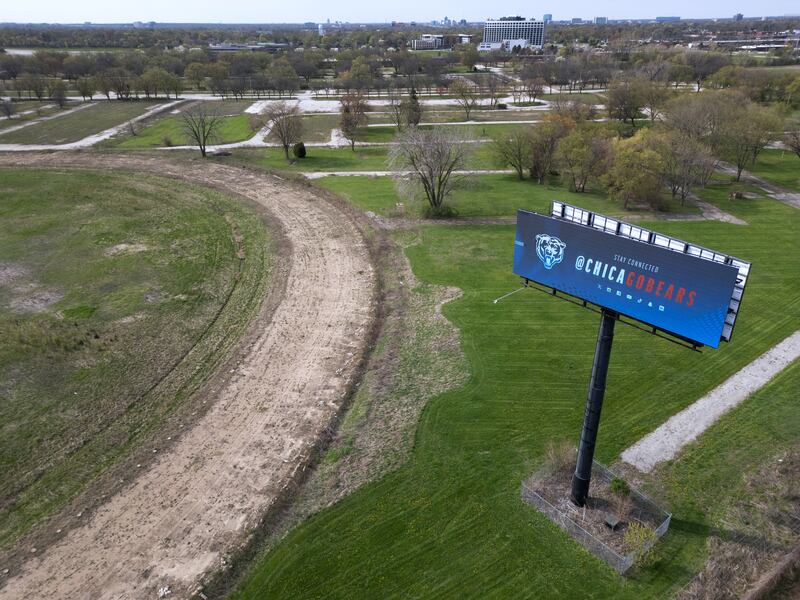 A digital billboard that sits next to the former Arlington Park practice track shows Chicago Bears advertising for drivers along Route 53 in Arlington Heights.