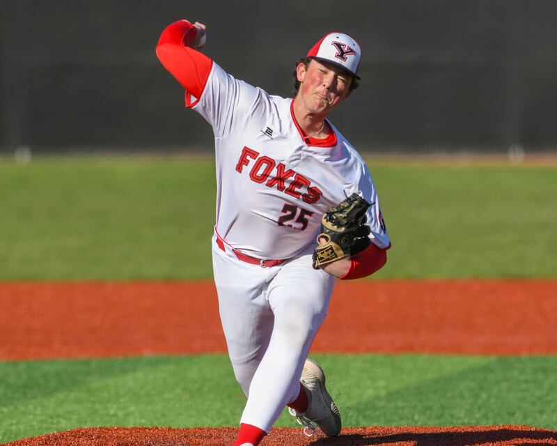 Yorkville's Preston Regnier (25) pitches during the game on Tuesday April 8, 2025, while taking on Joliet West held at Yorkville High School.