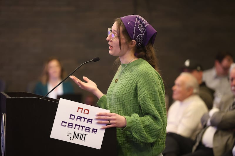 Addey Vollmer speaks against the proposed data center at the City of Joliet City Council meeting on Monday, March 16, 2026 in Joliet.