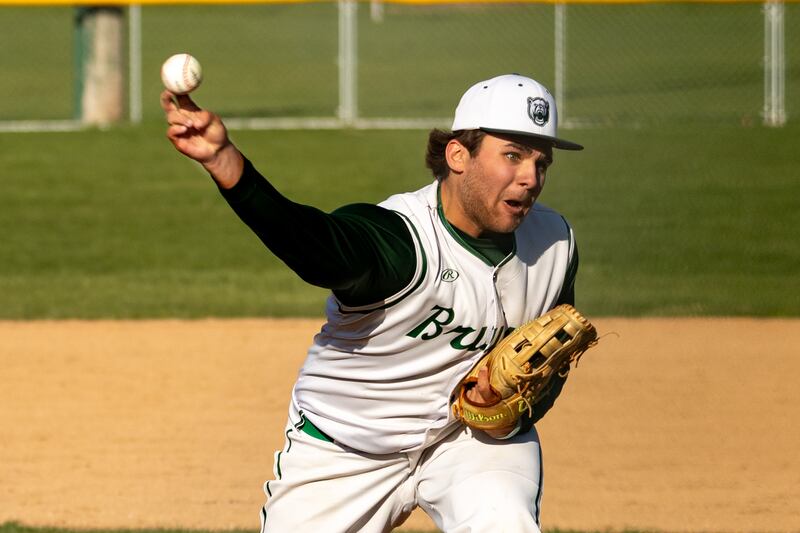 Alan Spencer (22) of St. Bede pitches on Tuesday, April 15, 2025 at St. Bede Academy in Peru.