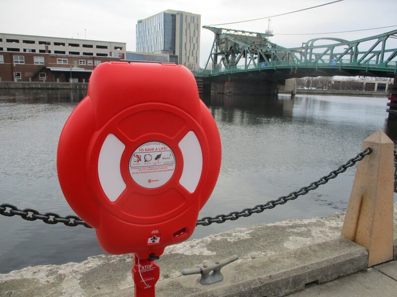 Life saver box seen along Des Plaines River Wall in Billie Limacher Bicentennial Park in Joliet. Feb. 26, 2025