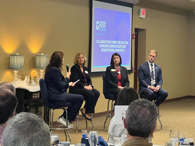 DeKalb County Economic Development Corporation Executive Director Melissa Amedeo, on Dec. 2, 2025, interviews Kishwaukee College President Laurie Borowicz, Northern Illinois University President Lisa Freeman and Waubonsee Community College President Brian Knetl.