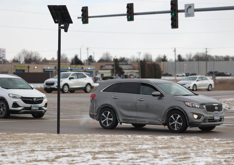 A Flock camera at the corner of Puri Dr. and Peace Road watches over passing vehicles Friday, Jan. 30, 2026, in Sycamore