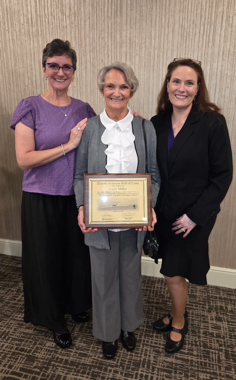On Oct. 16, 2025, Larry B. Miller, a retired pharmacist, was inducted posthumously into the Illinois Aviation Hall of Fame. His daughter, Anne, accepted the award with his daughter, Beth, and wife, Ellen, as well as other relatives and friends in attendance.