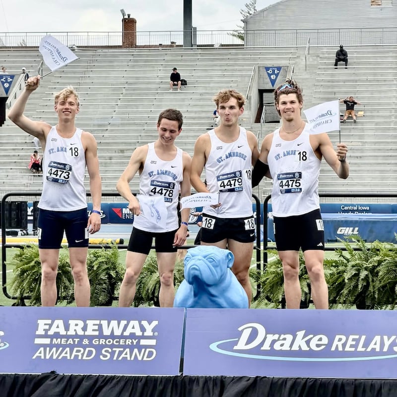 Bureau Valley graduate Elijah House (right) ran on St. Ambrose's National qualifying 4x800 relay which turned in a winning time of 7:34.20, a school record, at the Drake Relays. His relay mates are Tyler Moody, Chris Miserendino and Dylan Grandon.