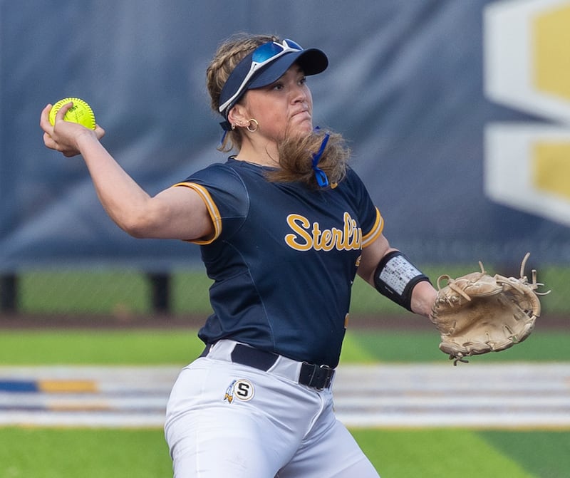 Sterling’s Mya Lira fires to first after fielding a ball against Quincy Tuesday, March 31, 2026.
