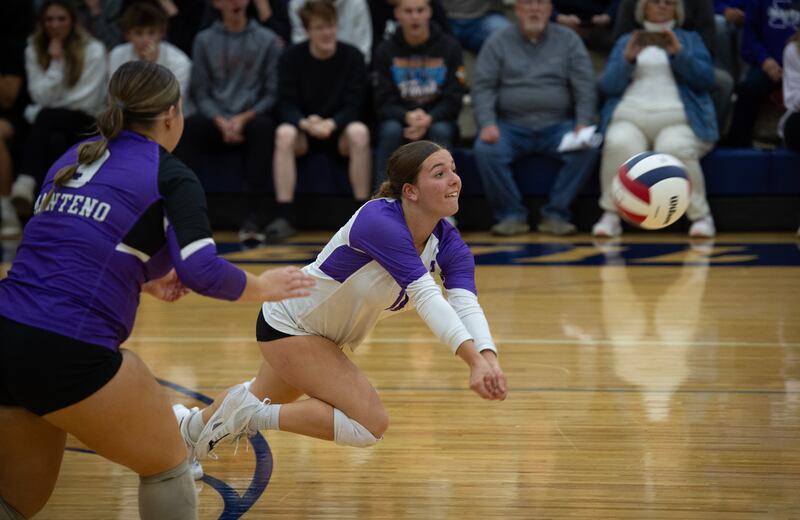 Manteno's Morgan Derrico makes a diving return hit in a Class 2A sectional match against Chicago Christian at Peotone High School on Tuesday, November 4, 2025.