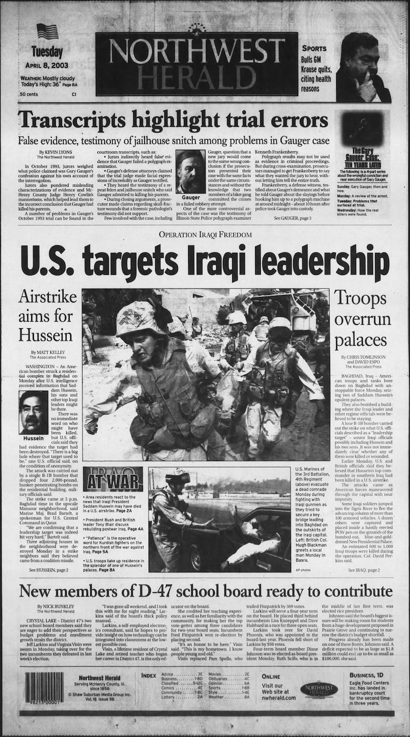 The cover of the Northwest Herald for April 8, 2003