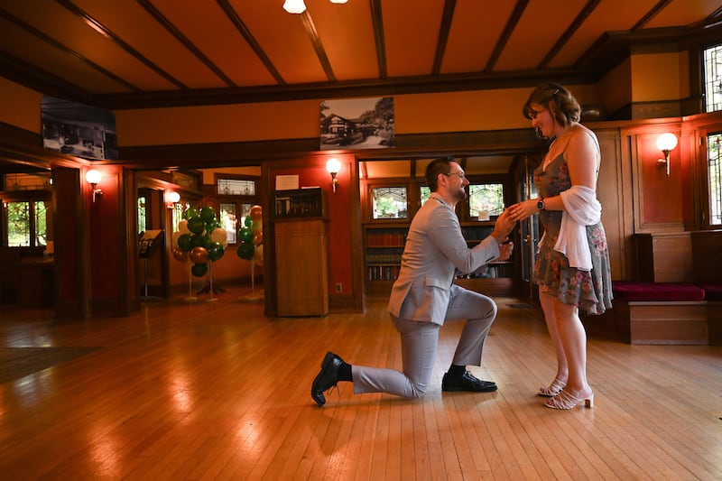 Karilyn Ross, of Moweaqua, accepts the proposal of boyfriend of Colin Furrow, of Limestone, on Saturday, Oct. 4th, 2025, at the B. Harley Bradley House in Kankakee.