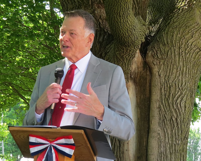 Former Illinois state senator and current pastor of Grace Fellowship Church in Sublette, Tim Bivins, gives the Memorial Day presentation at Sublette's Memorial Day remembrance ceremony. Bivins said amid the cookouts and celebratory events that are part of Memorial Day weekend, the essence of the day is to pay honor and remember those who gave their lives for their country and for freedom. Bivins was Lee County Sheriff from 1986 to 2006, the longest-serving sheriff in Lee County. He served in the Illinois Senate from the 45th district from 2008 to 2018.