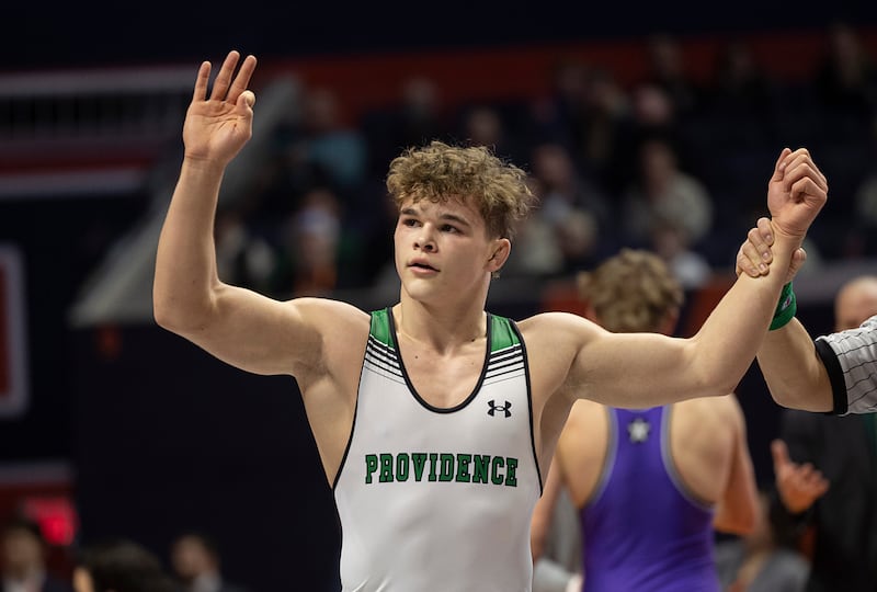 Providence Catholic’s Justus Heeg wins the 2A 157 pound title Saturday, Feb. 21, 2026, at the IHSA wrestling finals in Champaign.