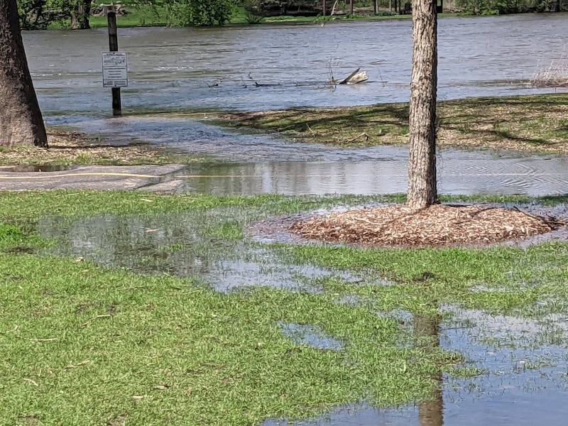 Hudson Crossing Park in downtown Oswego is experiencing some minor flooding as a result of the adjacent Fox River overflowing its banks because of heavy rain.
