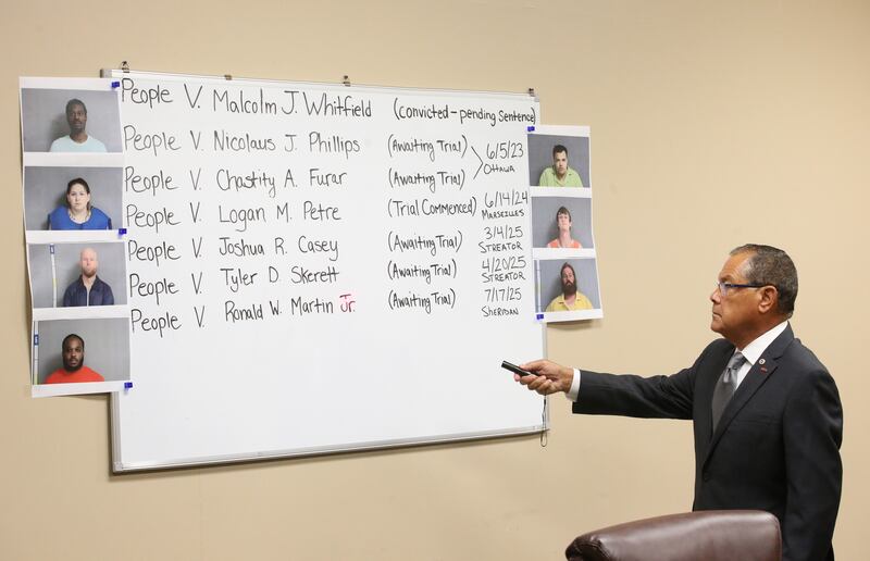 Joe Navarro has been La Salle County state’s attorney since 2022 and previously held that post from 1988-96. This board shows his pending murder cases and Navarro, depicted here Friday, Aug.1, 2025, has never seen this many at once. “Within a span of 20 months we’ve had seven people charged with murder. That’s definitely unprecedented.”